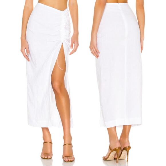 Natalie Rolt Bellini Linen Ruched Slit Pencil Midi Skirt White Women US 2 / M - Picture 1 of 4